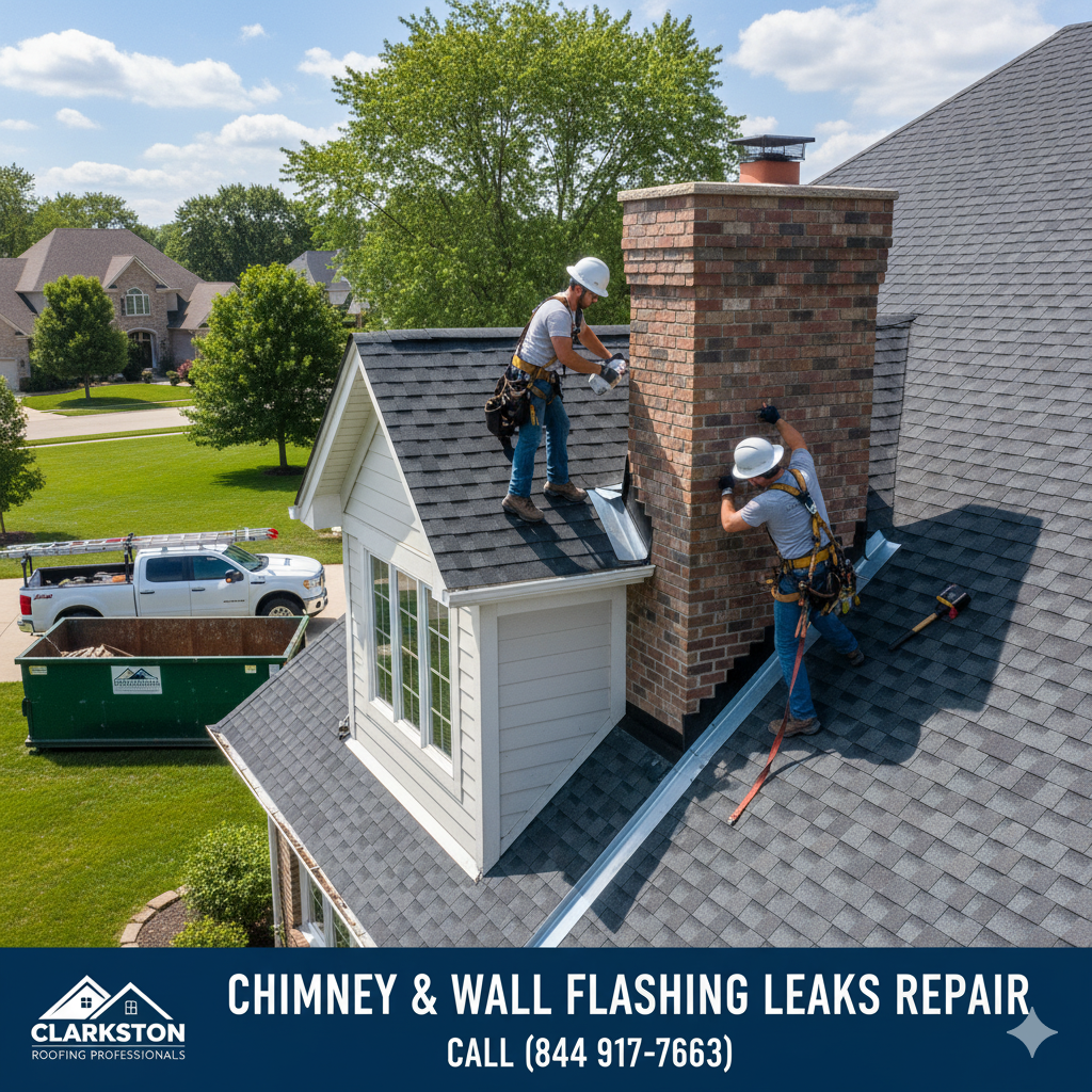 Chimney & Wall Flashing Leaks repair by Valor Roofing LLC in Macomb & Oakland Counties, MI. Call (877) 825-6789.