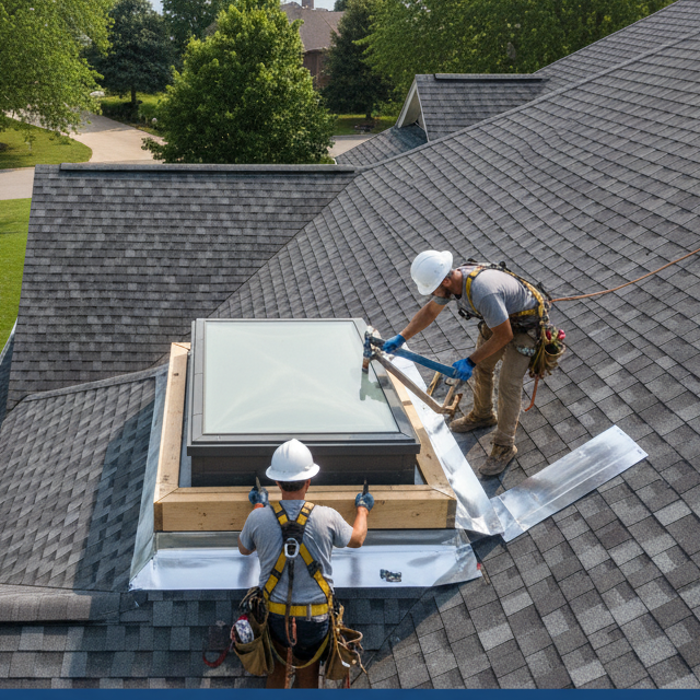 Skylight curb flashing rebuild near Long Lake Road, Bloomfield Township. Call (877) 825-6789.