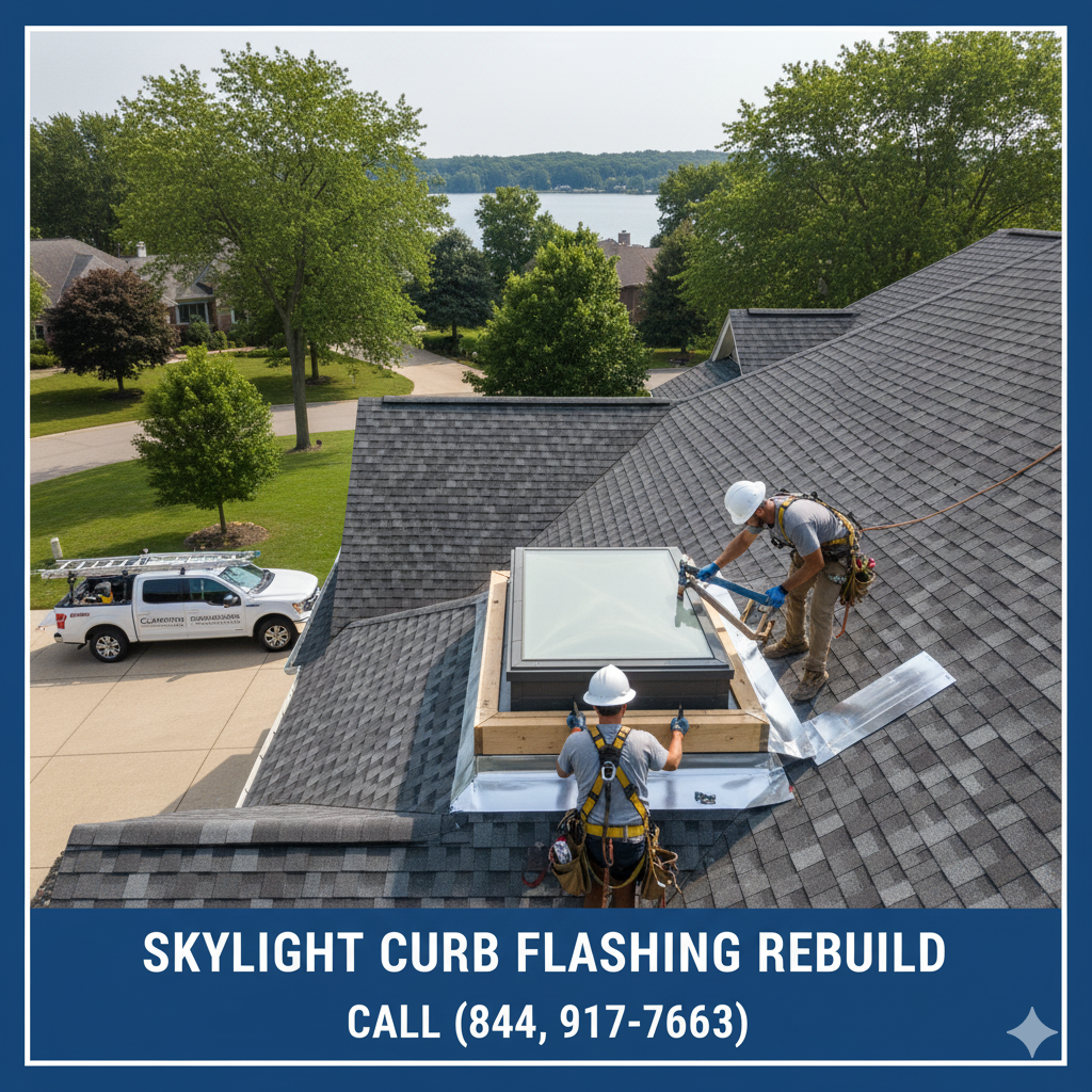 Skylight curb flashing rebuild near Long Lake Road, Bloomfield Township. Call (877) 825-6789.