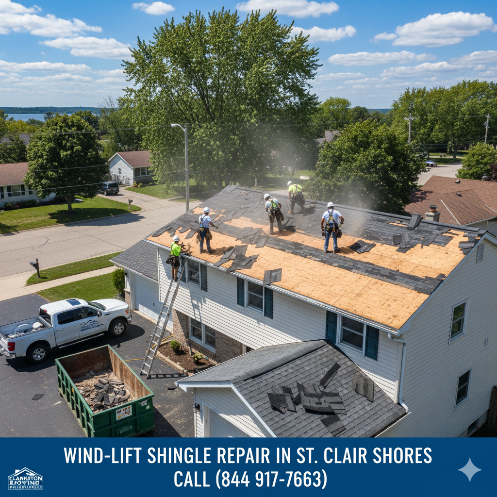 Wind-lift shingle repair in St. Clair Shores, Macomb County, MI. Call (877) 825-6789.
