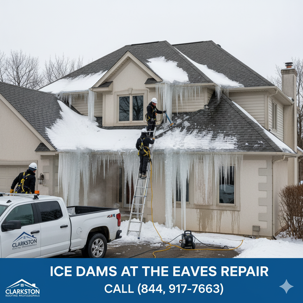 Ice Dams at the Eaves repair by Valor Roofing LLC in Macomb & Oakland Counties, MI. Call (877) 825-6789.