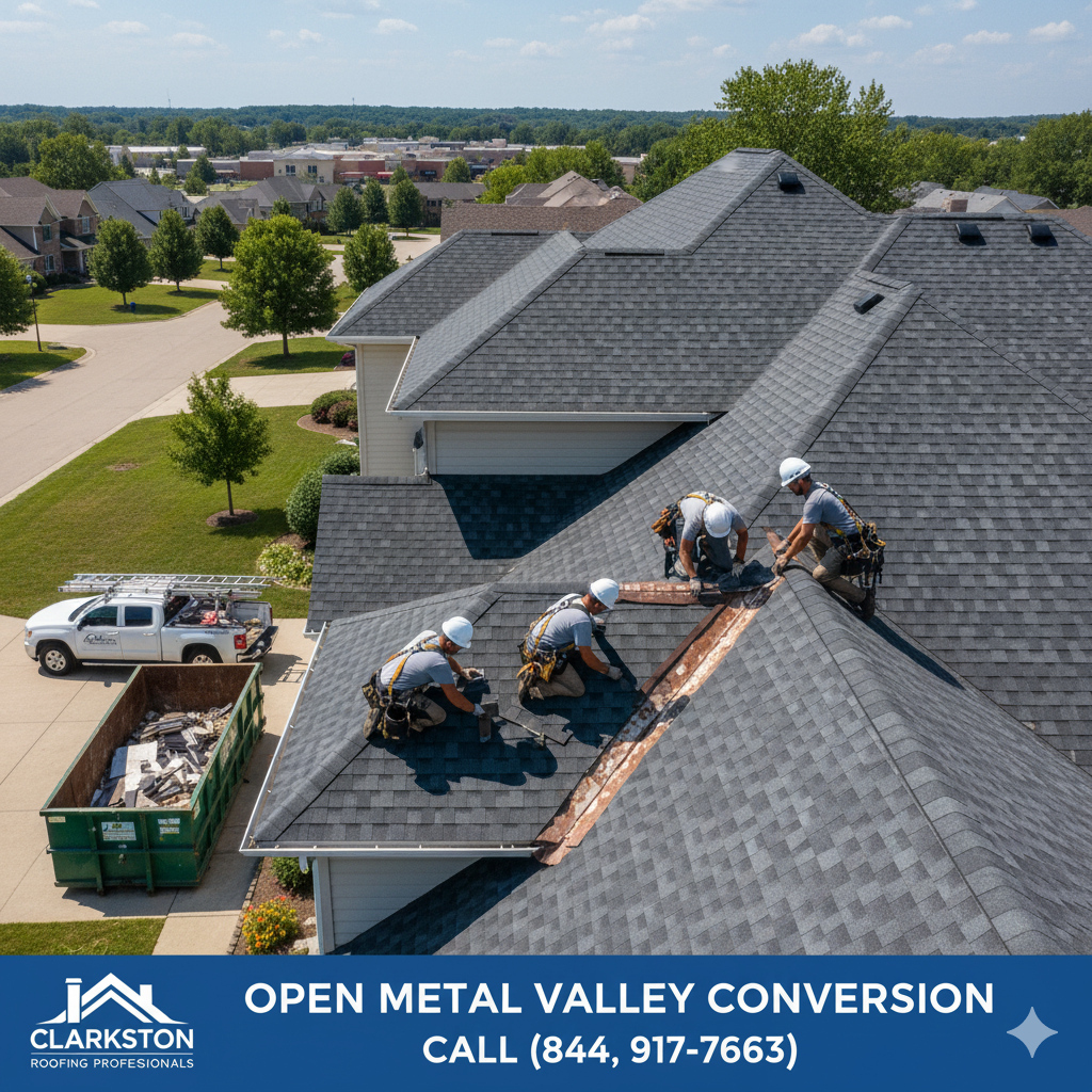 Open metal valley conversion near Partridge Creek in Macomb County by Valor Roofing LLC. Call (877) 825-6789.