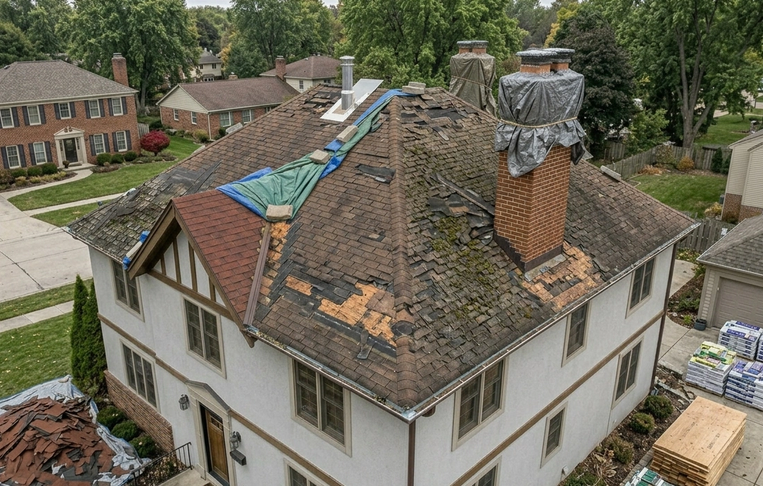 Before roof replacement Michigan home with aging curled shingles (877) 825-6789