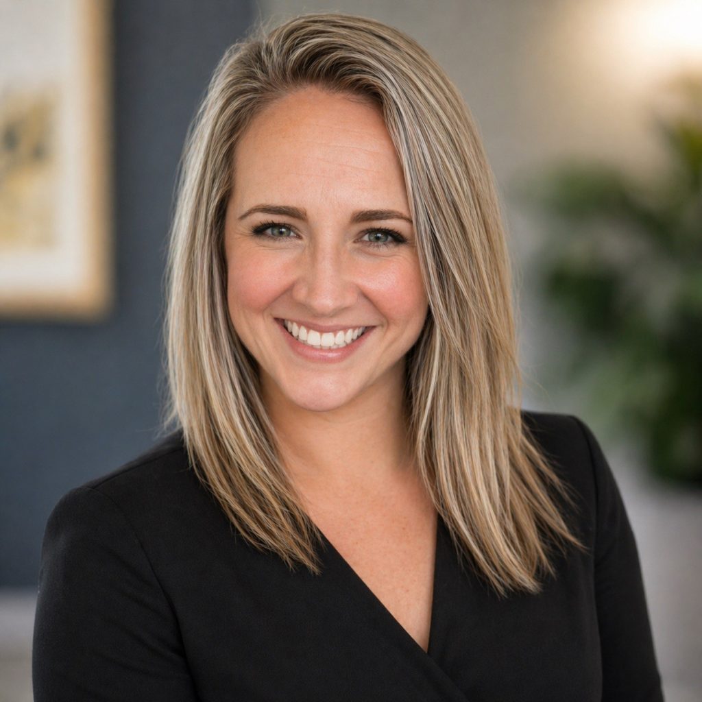 Portrait of a smiling woman with shoulder-length blond hair wearing a black top.