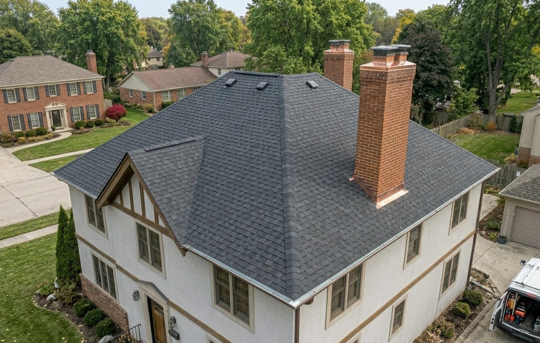 After roof replacement Michigan home new architectural shingles (877) 825-6789