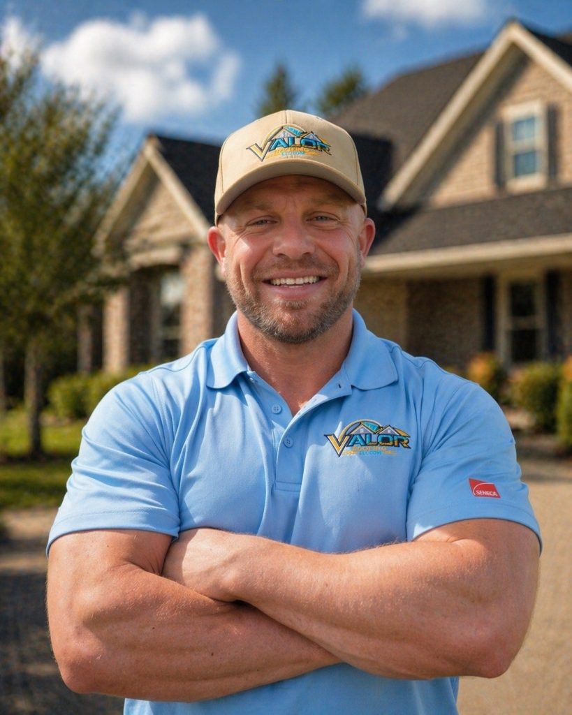 Smiling man in a light blue polo with a Valor logo and a tan Valor cap, arms crossed in front of a suburban house.