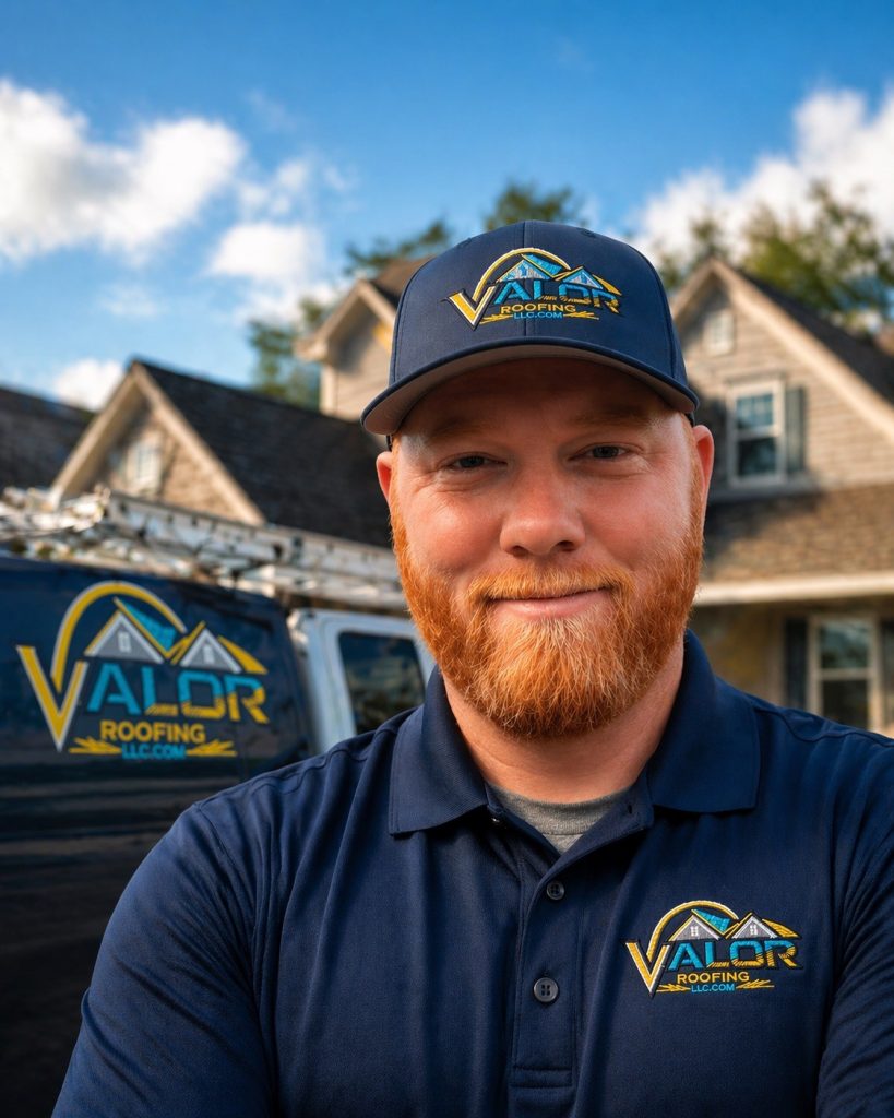 Portrait of a roofing professional wearing a Valor Roofing cap and polo, standing in front of a Valor Roofing van.