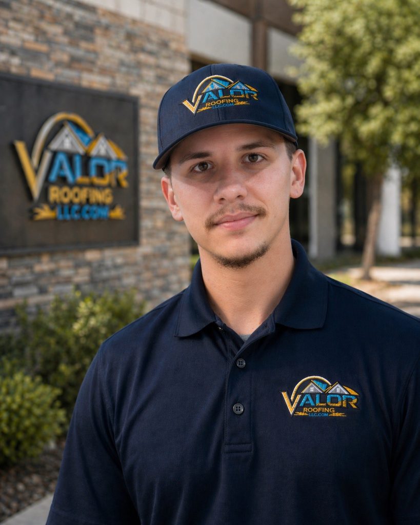 Portrait of a young man in a navy Valor Roofing polo shirt and cap, standing outdoors with the company sign in the background.