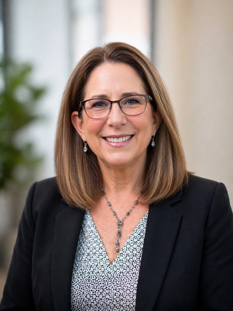 Smiling professional woman with shoulder-length brown hair and glasses, wearing a black blazer outdoors.