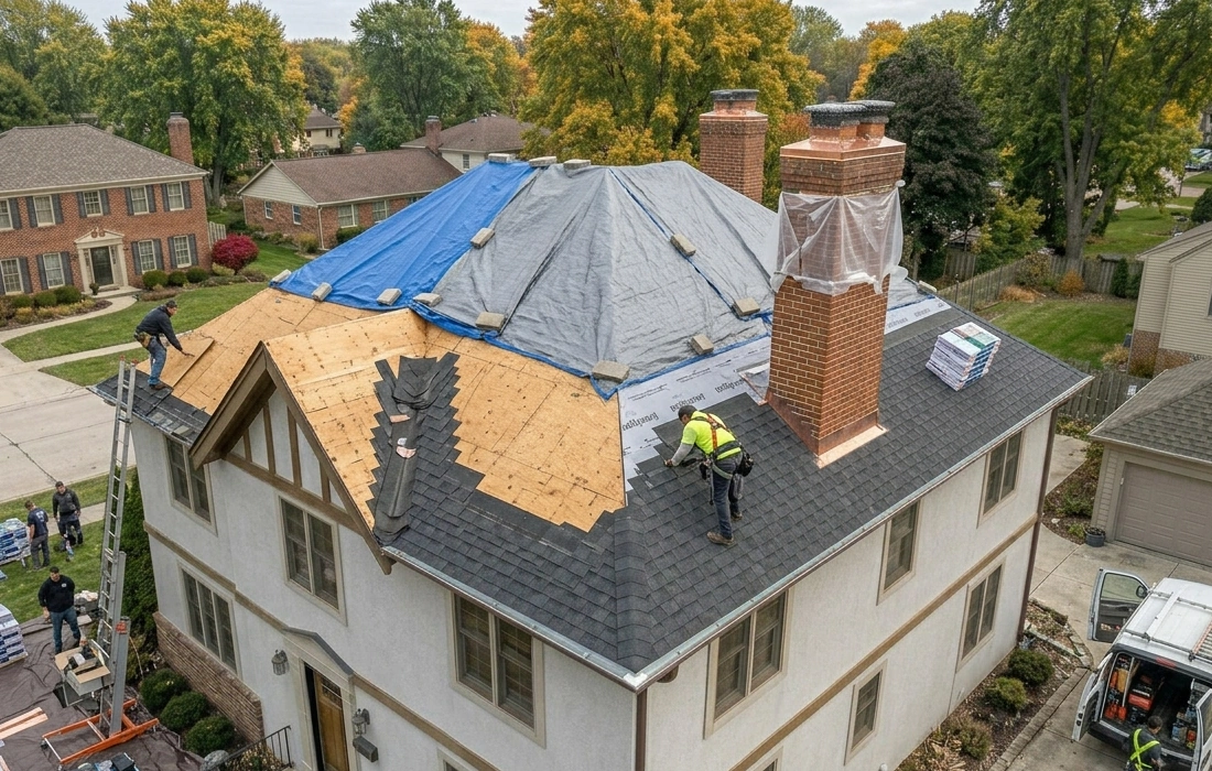 Roofing crew installing Owens Corning shingles on Michigan home (877) 825-6789