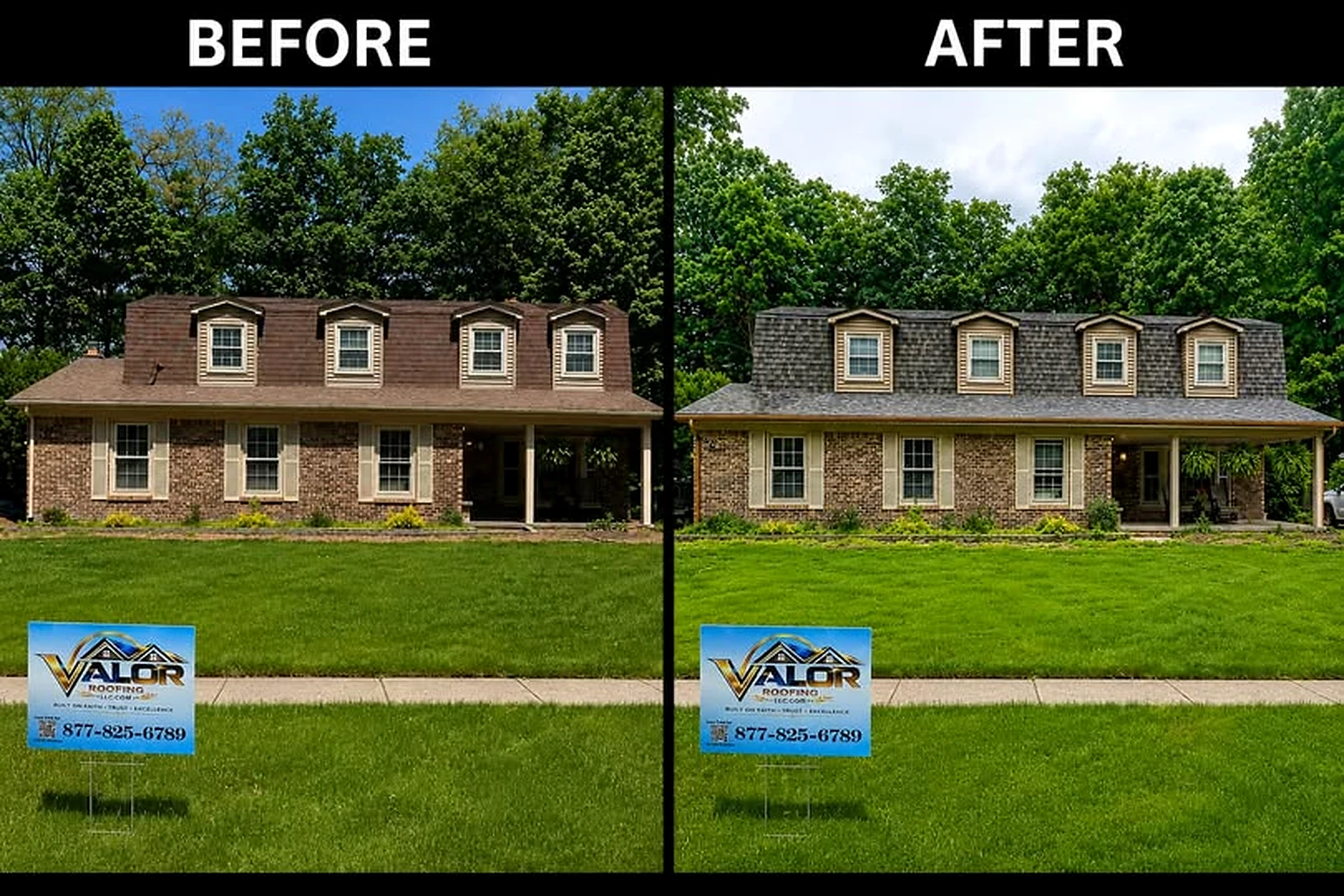 Before and after comparison of a residential roof replacement completed by Valor Roofing